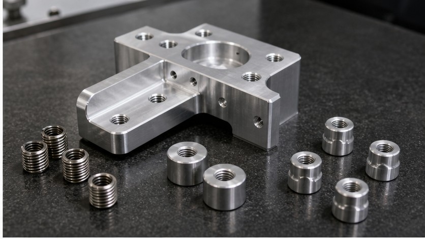 Gewindeeinsätze und fertig bearbeitetes Aluminiumteil