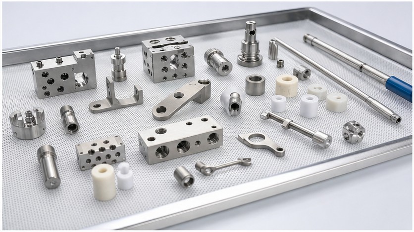 Fertige medizinische CNC-Teile auf sauberem Prüftablett