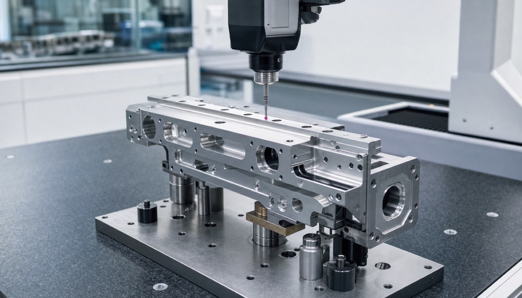 KMG Prüfung von Bohrungsposition und Bezugssystem an einem Linearführungs Schlittenblock