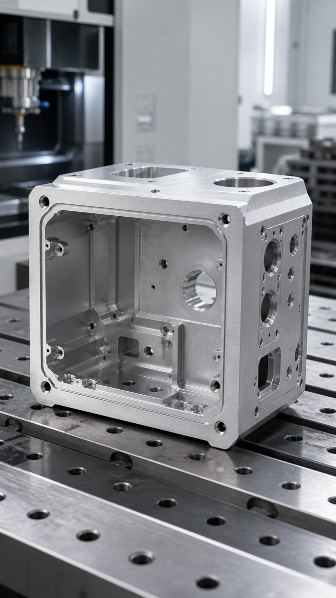 Tiefes Aluminium-Steuerungsgehäuse auf CNC-Maschinentisch