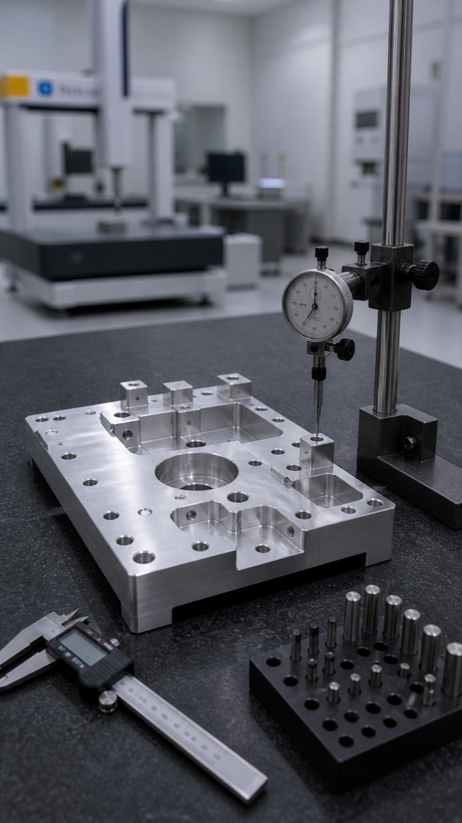 Prüfung einer Passstiftbohrung an einer CNC-Präzisionsplatte