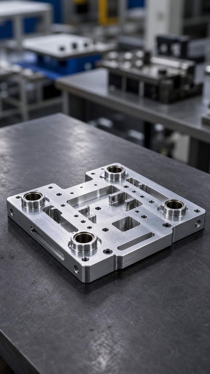 CNC-gefertigte Platte mit Bezugsmerkmalen für wiederholbare Spannung