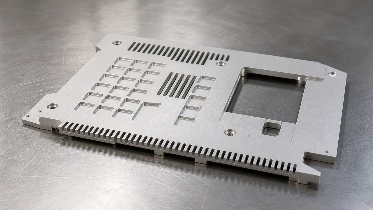 Bearbeitungsplan fuer eine Aluminium-Frontschutzplatte: Bohrungen, Nuten, Bezuge und Gratkontrolle