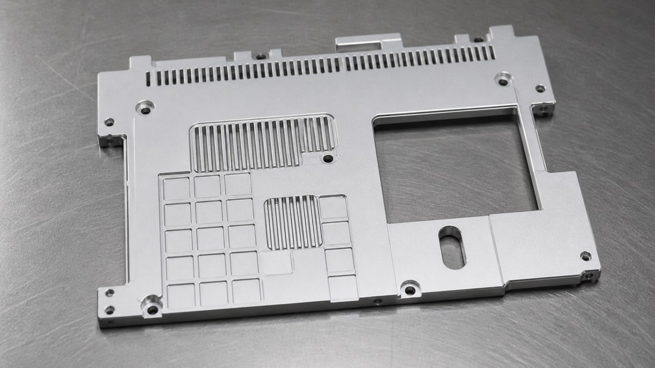 Bearbeitungsplan fuer eine Aluminium-Frontschutzplatte: Bohrungen, Nuten, Bezuge und Gratkontrolle