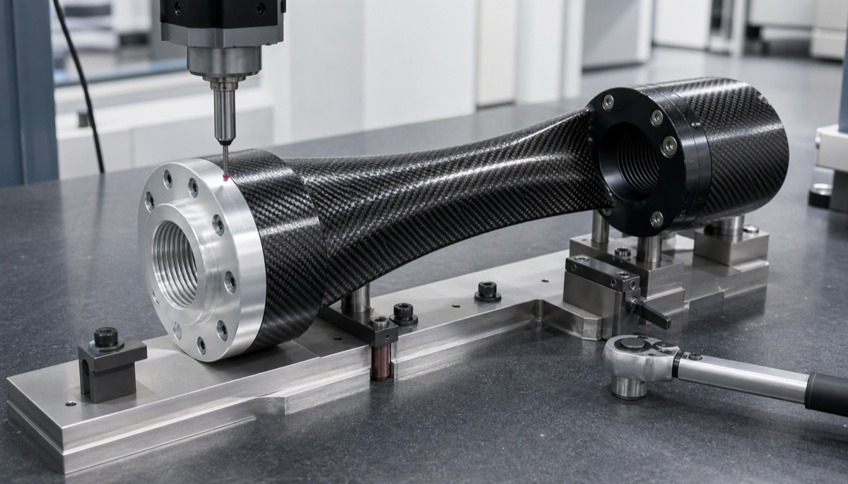 Pruefaufbau fuer Aluminiumeinsaetze in Carbonfaser Armen