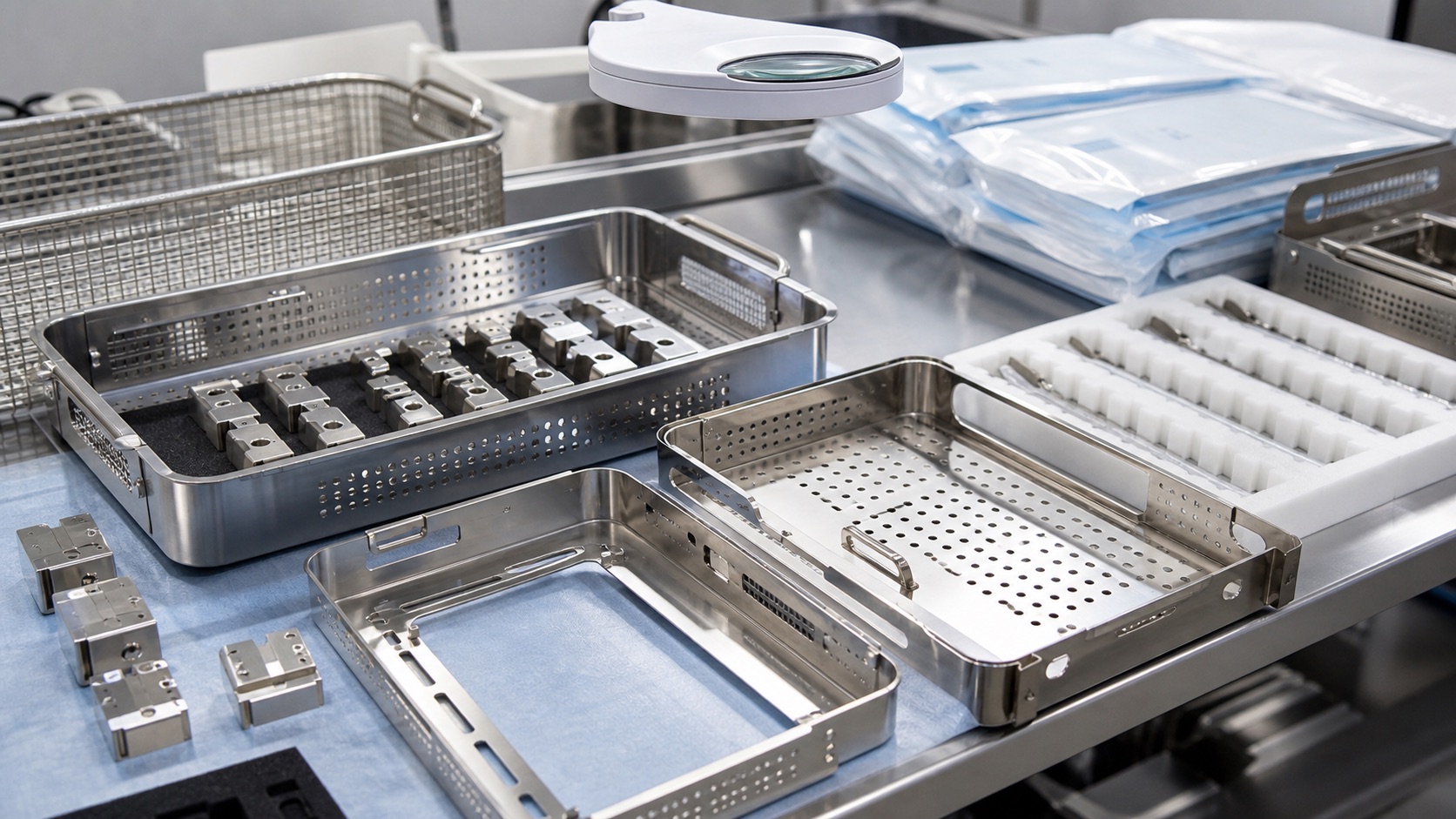 Clean finishing and protective packaging for machined medical tray components