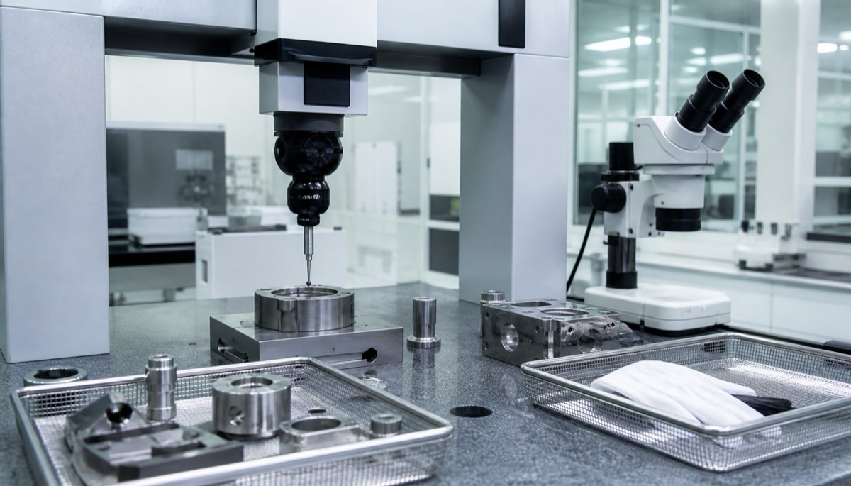 Messtechnikaufbau zur Pruefung kundenspezifischer CNC Teile fuer Medizingeraete