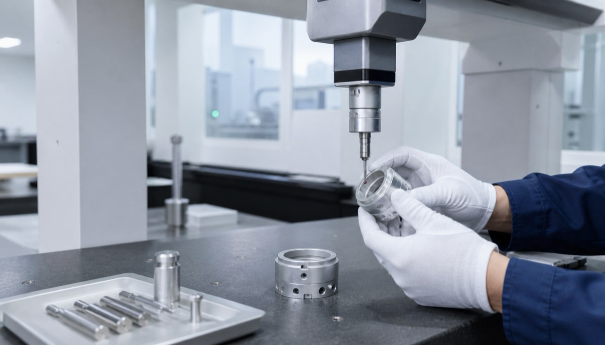 Techniker prueft optische Bauteile und Bezuege auf einem Messtisch