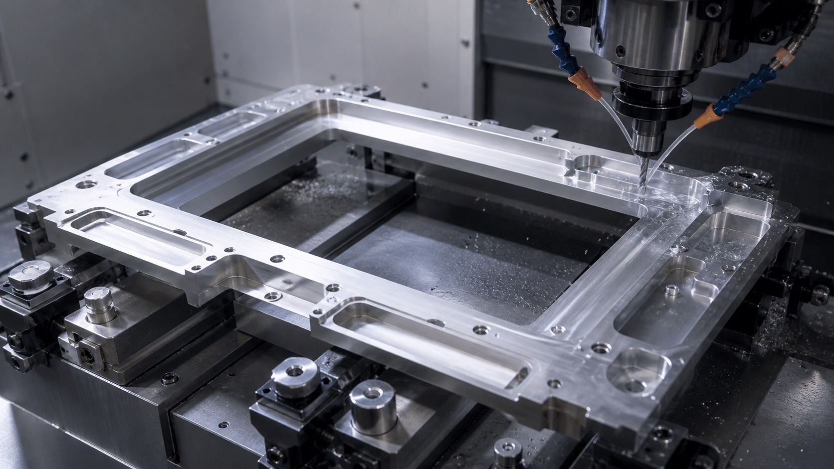 Machining a thin-wall aluminum detector frame with datum pockets and cable channels