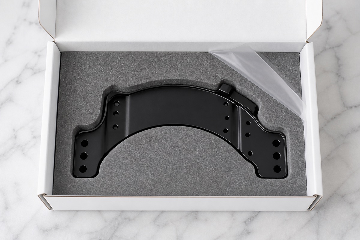Formangepasste Schaumverpackung fuer schwarz eloxierte Motor-Klemme