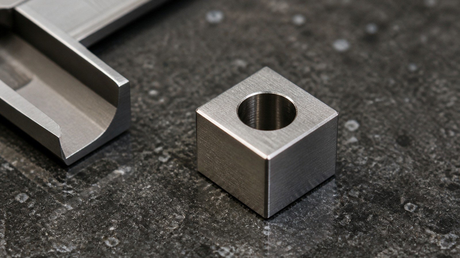 Prototypenbearbeitung eines quadratischen 316L-Anschlagblocks fuer automatisierte Anlagen