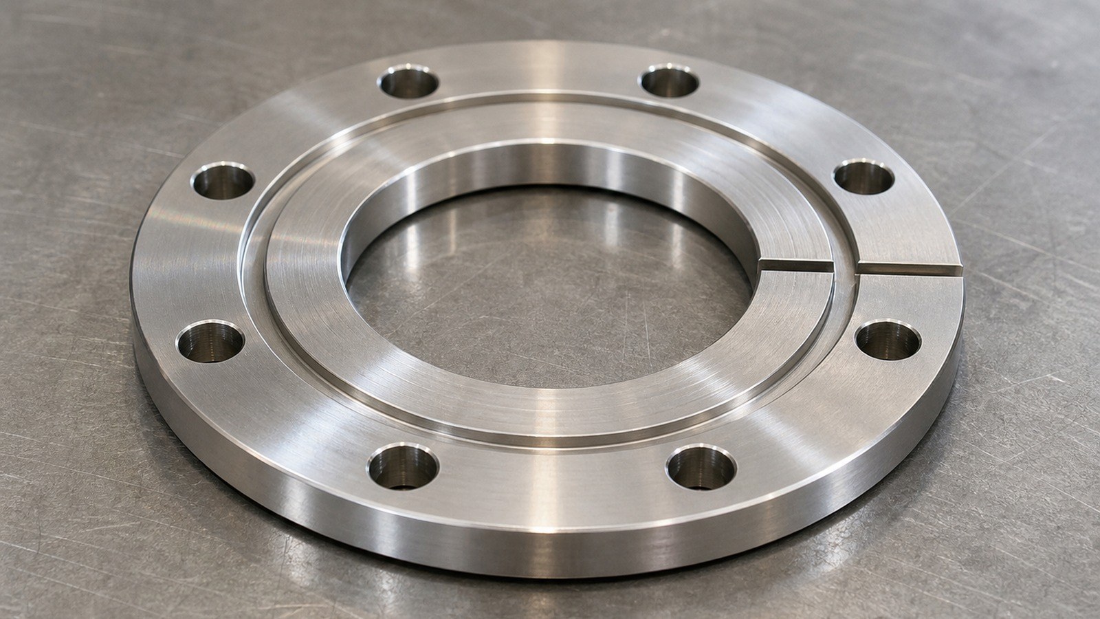 CNC-Bearbeitung eines Edelstahl-Rundflansches fuer automatisierte Montageanlagen
