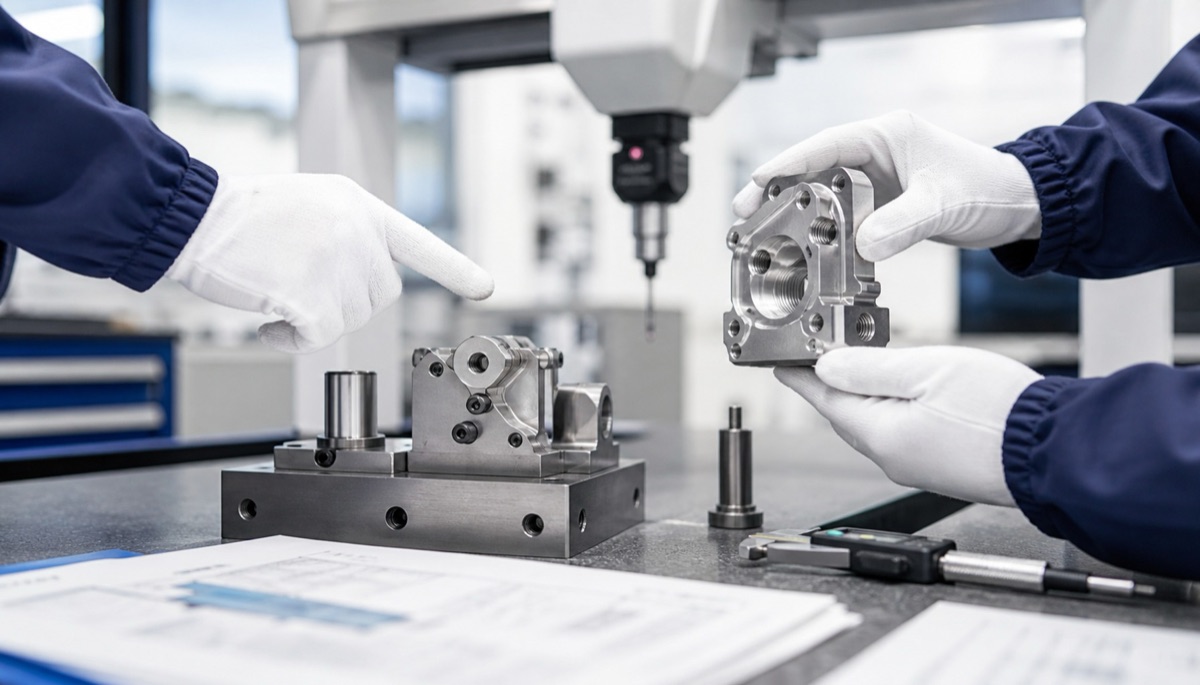 Ingenieur prüft ein CNC-gefertigtes Teil und die Aufspannung vor der Produktion
