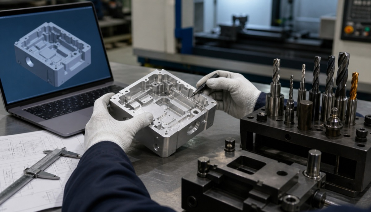 Ingenieur prüft CAD-Modell und Werkzeuge für CNC-Programmierkosten