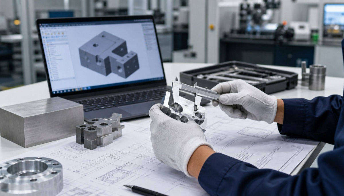 Ingenieur prüft 3D-Modell und 2D-Zeichnung für ein CNC-Angebot