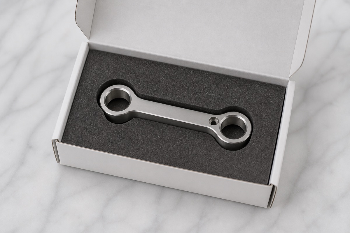 Formangepasste Schaumverpackung fuer einen polierten TC4-Titan-Kurzlenker