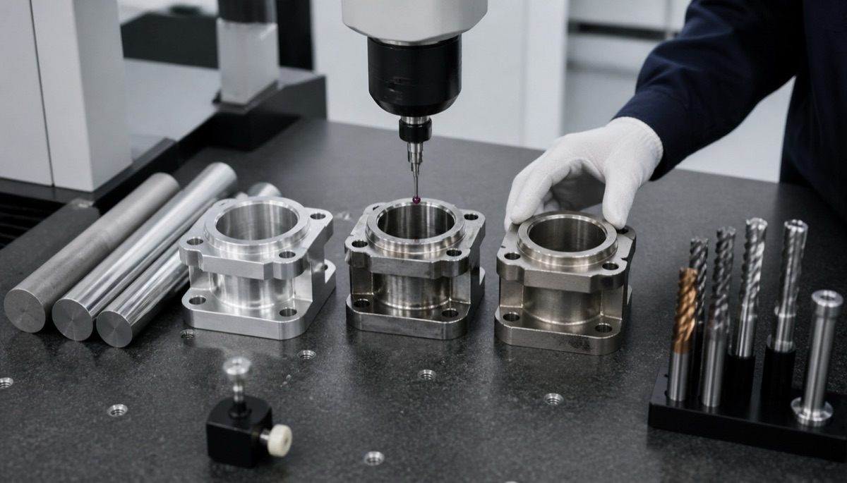 Ingenieur prueft Materialwahl und CNC-Prozess fuer Praezisionskomponenten