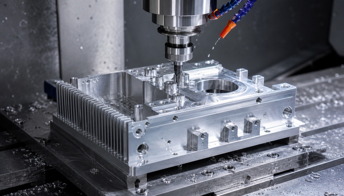 CNC-Bearbeitung einer Aluminium-Laser-Kühlbasis mit Rippen und Montageflächen