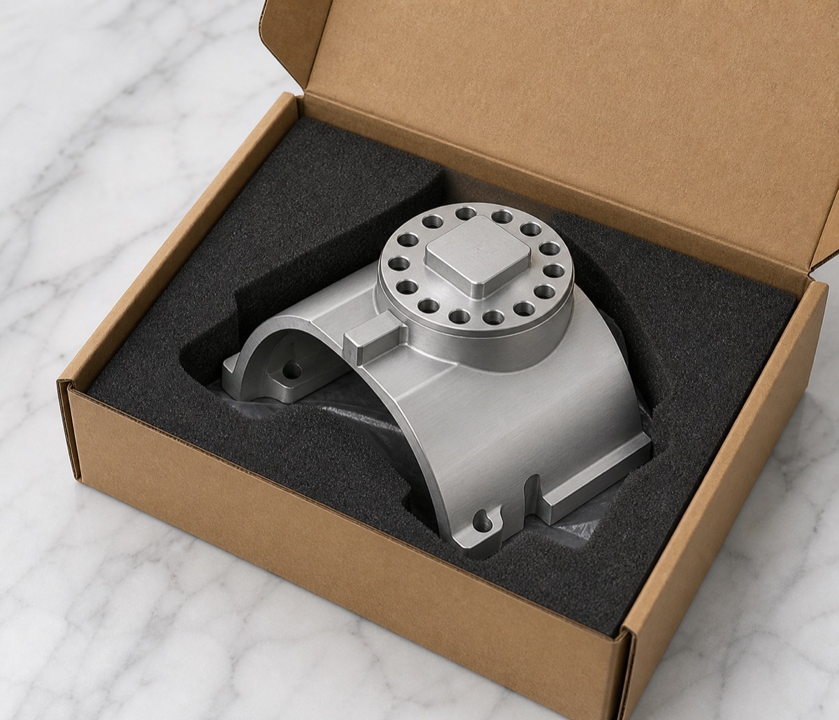 Formangepasste Schutzverpackung fuer einen 6061-T6 Rundboss Roboterarm Flansch