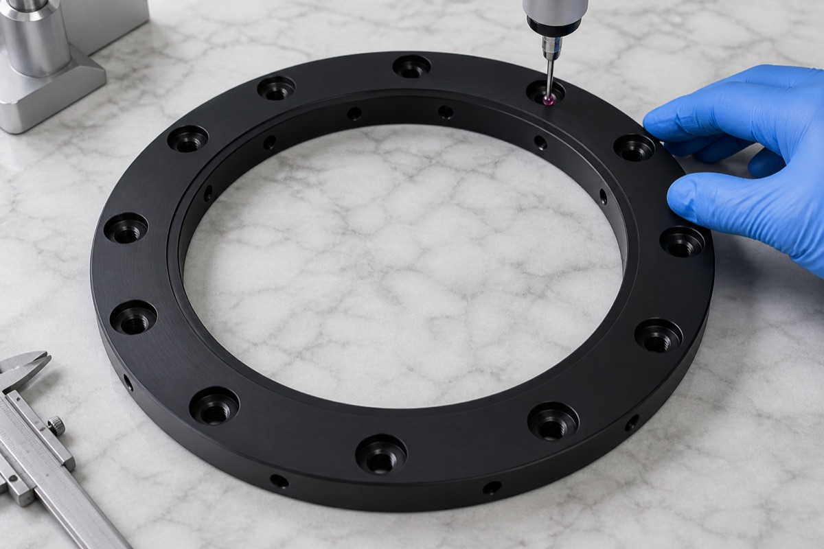 Pruefung von Konzentrizitaet Stirnflaechenstufe und Lochbild an einem schwarz eloxierten Roboter Fixierring