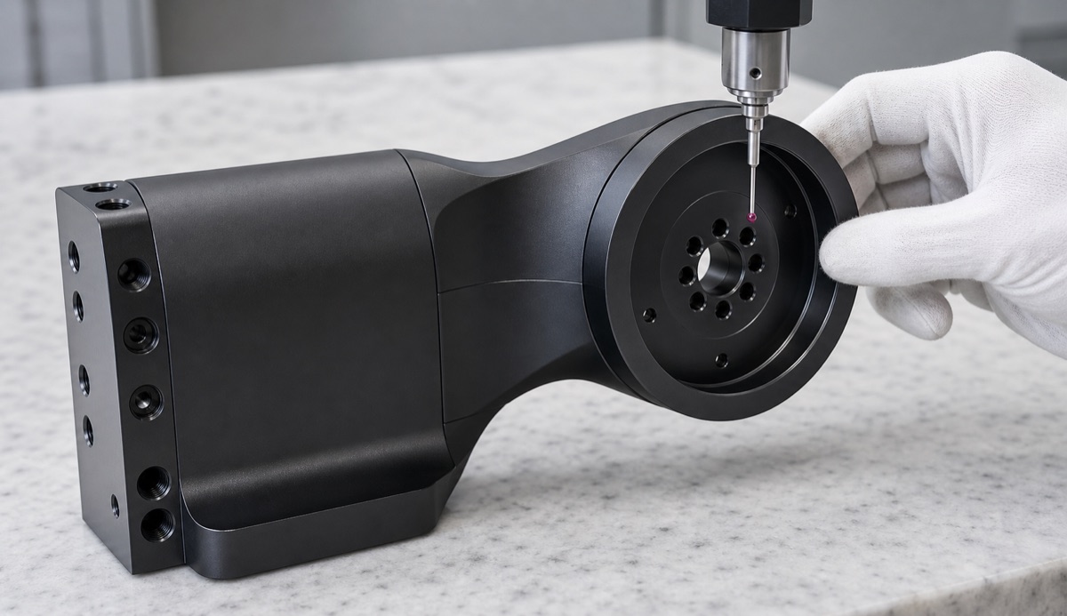 Pruefung von Stirnbohrungen Zylinderhohlraum und Seitenbohrungsbezug an einer Roboter Modulaufnahme