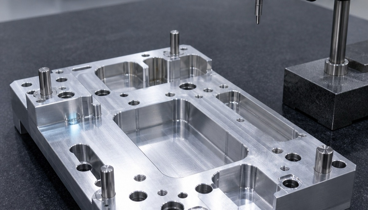 Prüfung von Bezugsstiften und Bohrungspositionen an einem optischen Aluminiumteil