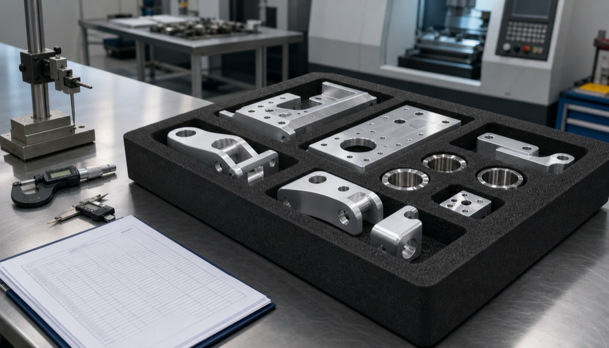 Geschützte Tray-Verpackung für Präzisionsteile einer Roboterhand