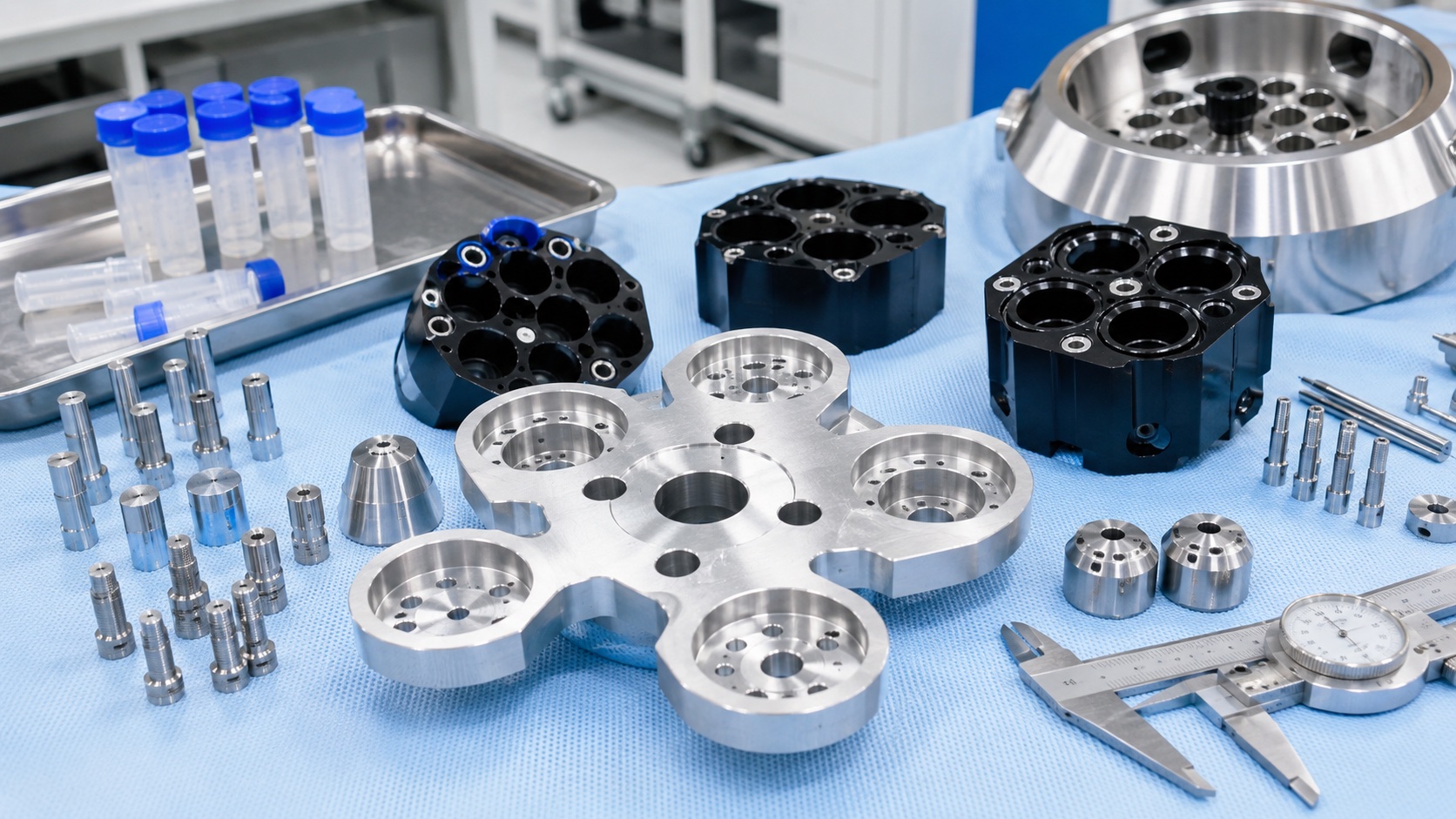 CNC-Bearbeitung von Komponenten fuer medizinische Zentrifugen: Rotoradapter, Probentraeger und Auswuchtvorrichtungen