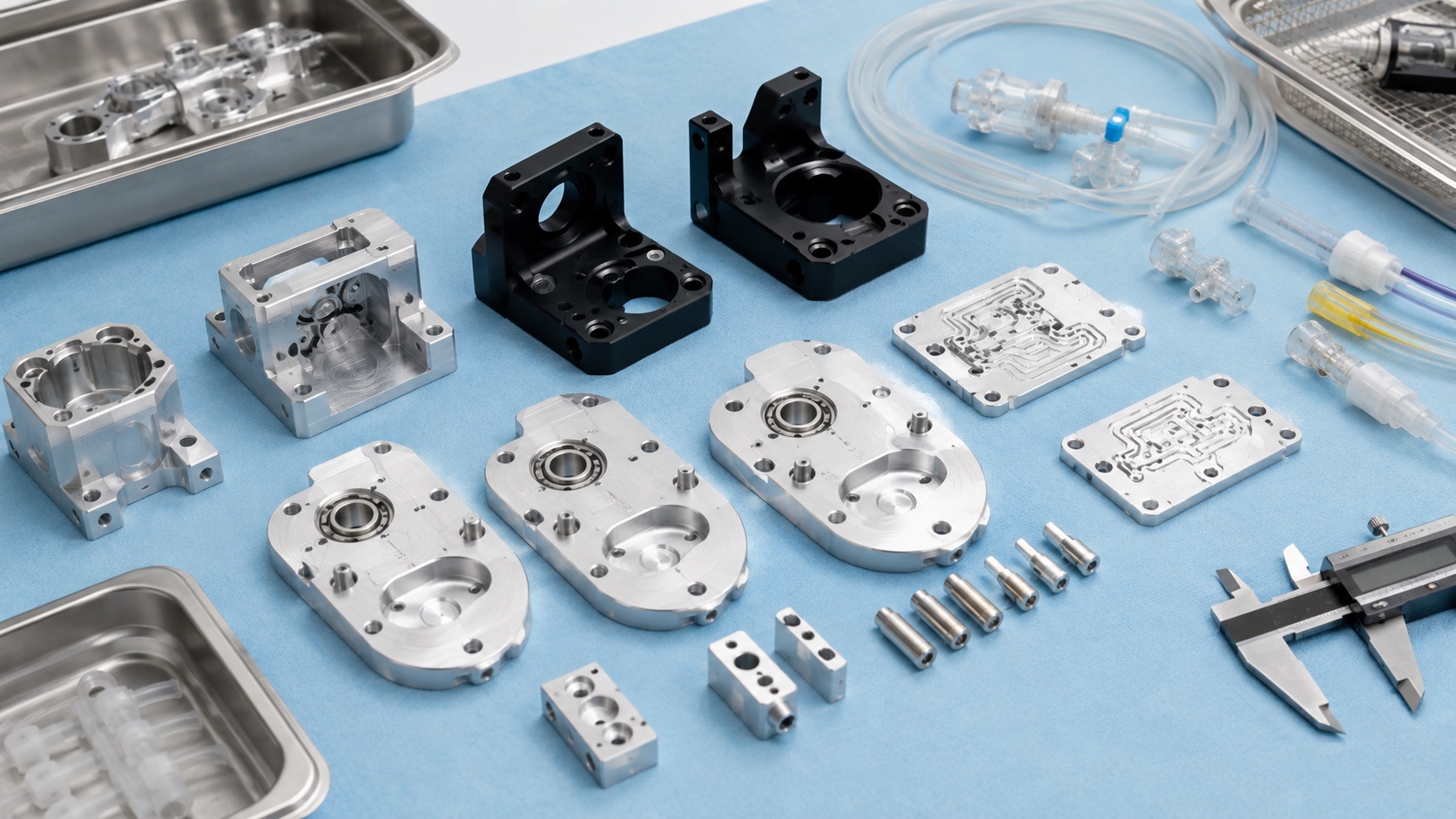 CNC-Bearbeitung von Komponenten fuer medizinische Infusionspumpen: Rollentraeger, Motorhalter und Ventilplatten