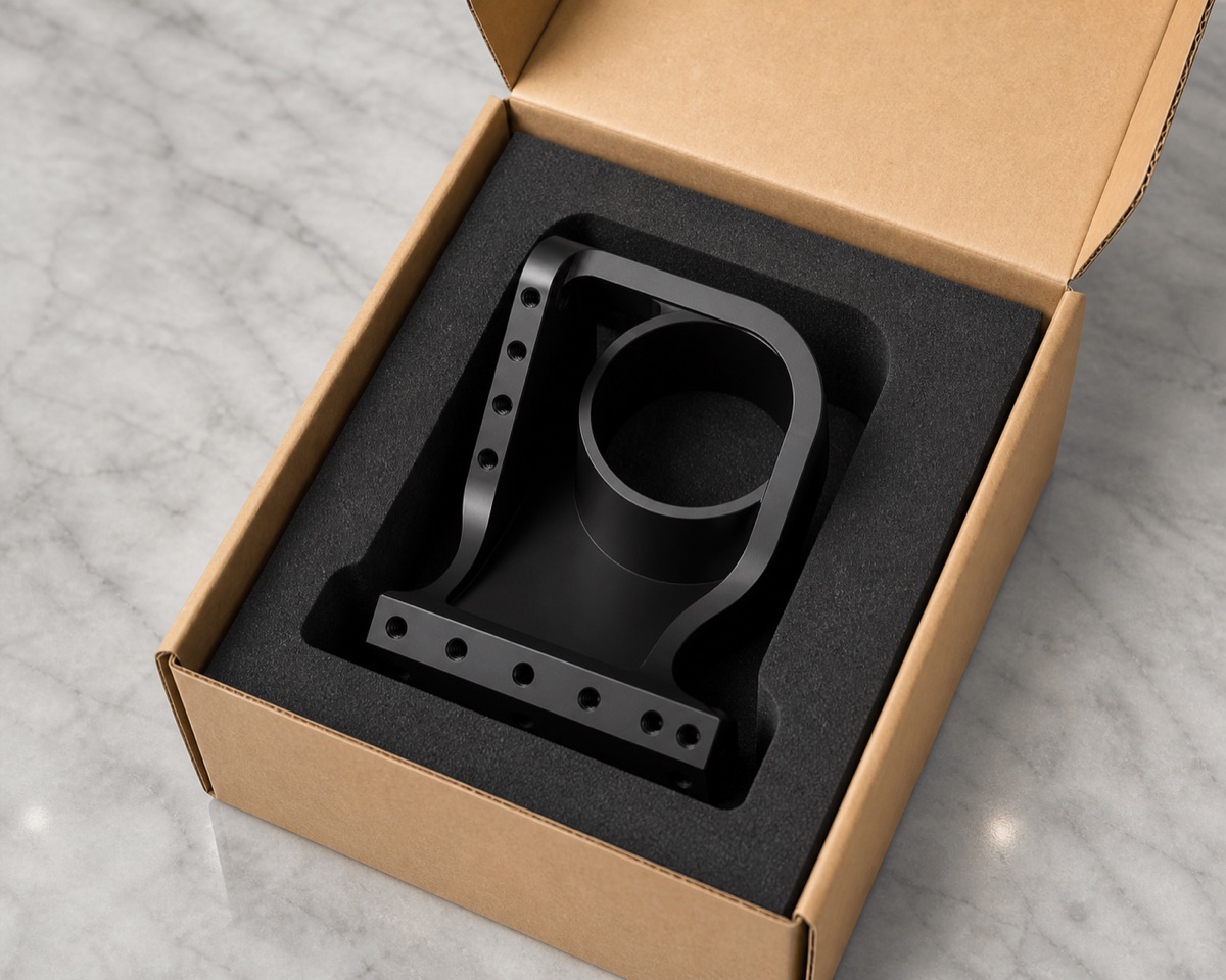 Formangepasste Schaumverpackung für einen schwarz eloxierten Modulsitz der vierten Roboterachse