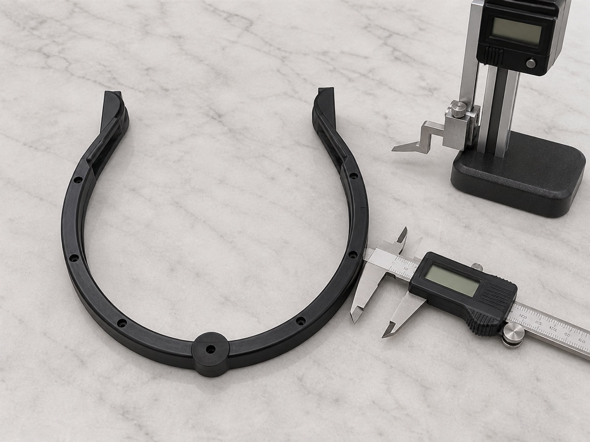 Prüfung von Bogenprofil, Wandstärke und Seitenbohrungen an einer ABS-Roboterabdeckung
