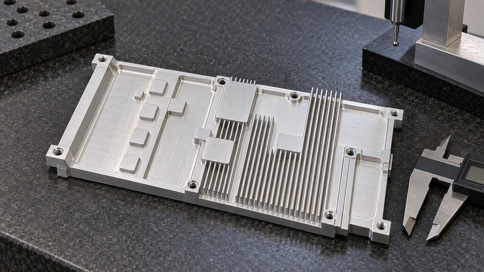 Bearbeitungsanalyse fuer einen Aluminium-Rippenkuehlkoerper mit Bohrbild in Elektronikmodulen